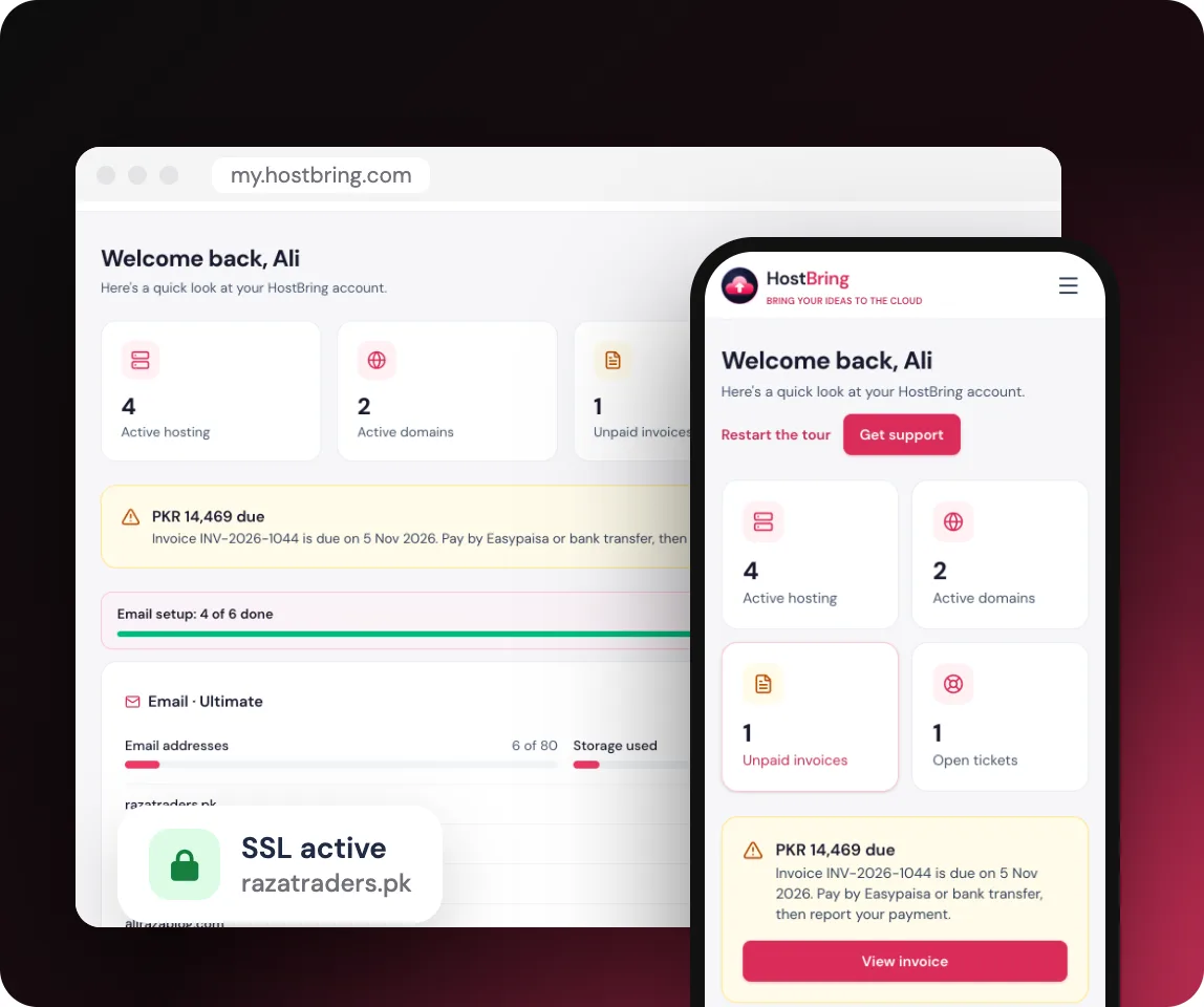 The HostBring client portal on a laptop and a phone: hosting, domains, invoices and SSL in one dashboard