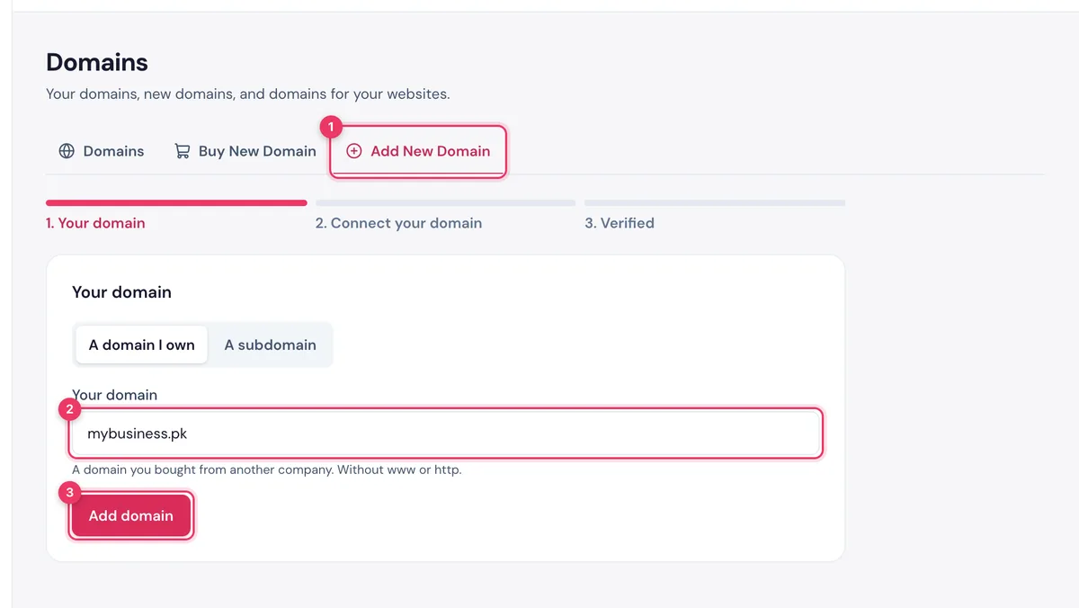 The Add New Domain tab in the HostBring client portal: type a domain you own and click Add domain