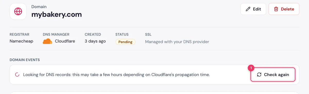 A domain waiting for DNS in the HostBring client portal, with the Check again button