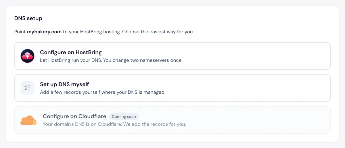 The three ways to connect a domain in the HostBring client portal: Configure on HostBring, Set up DNS myself or Configure on Cloudflare
