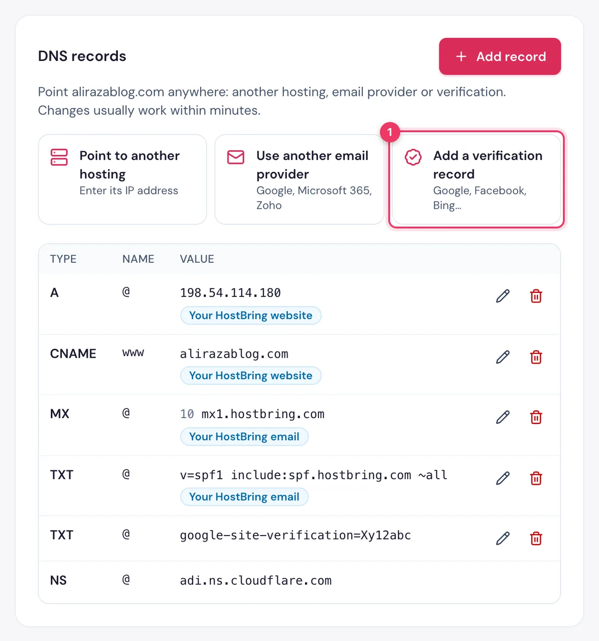 The Add a verification record button in the DNS records of a domain in the HostBring client portal
