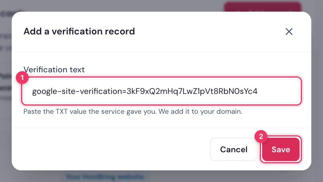 Paste the verification value, such as google-site-verification, and click Save in the HostBring client portal
