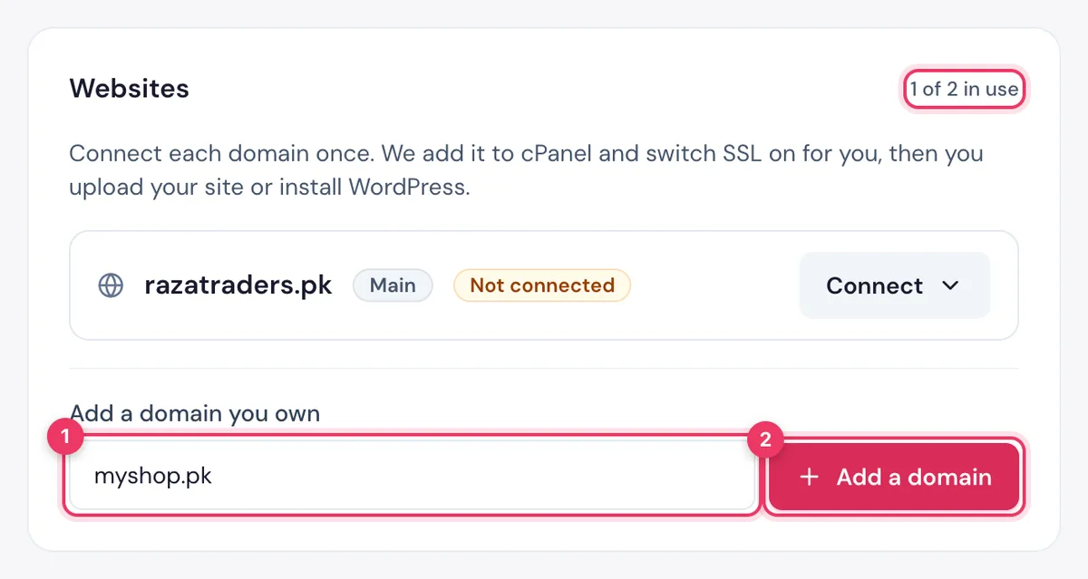 The Websites card in the HostBring client portal: how many websites are in use, and Add a domain you own