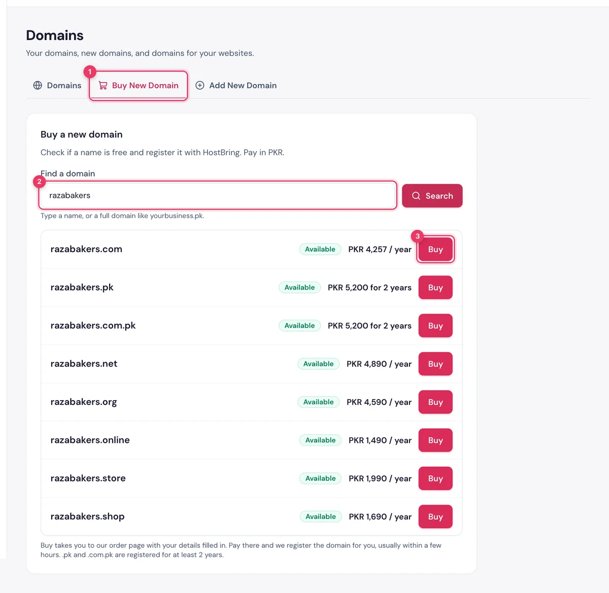 Buy New Domain in the HostBring client portal: search a name and click Buy next to an available domain