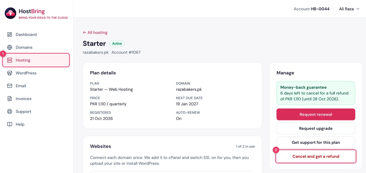 A hosting plan in the HostBring client portal inside its money-back period, with days left and the Cancel and get a refund button