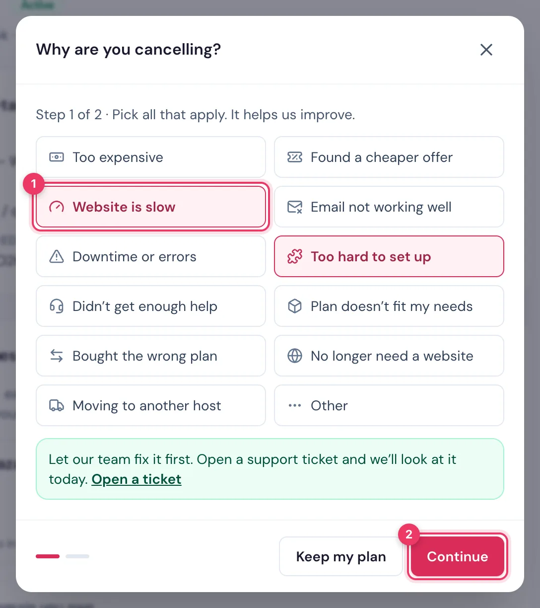 Step 1 of Cancel and get a refund: pick why you are cancelling, see how we can help instead, then Continue