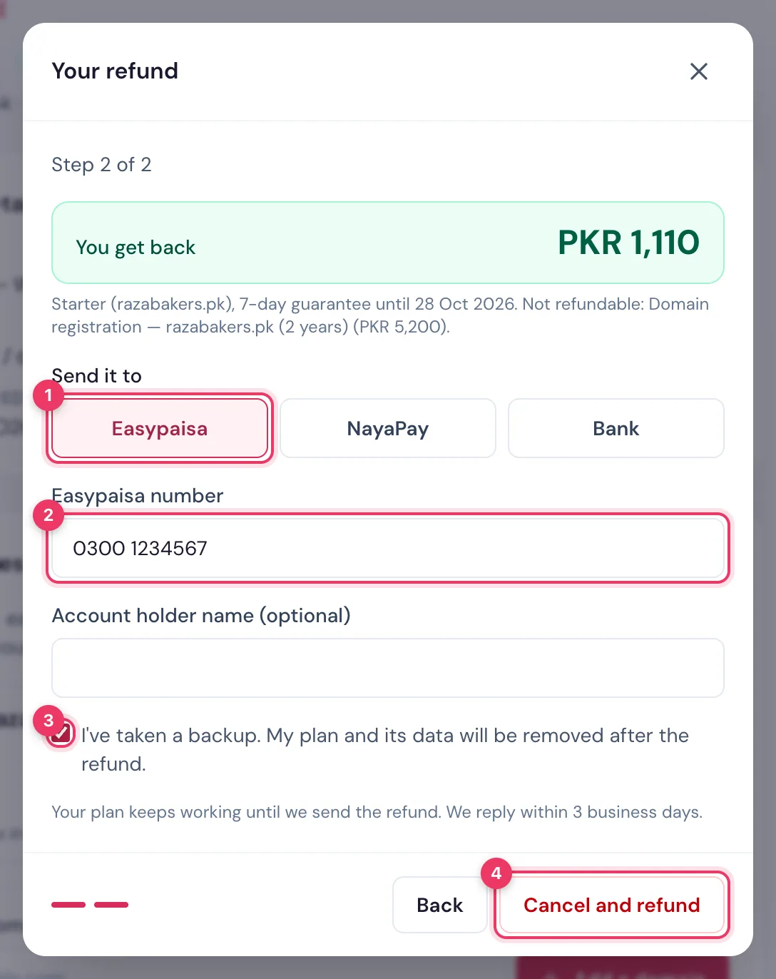 Step 2: the amount you get back, where to send it (Easypaisa, NayaPay or bank), the backup tick box and Cancel and refund