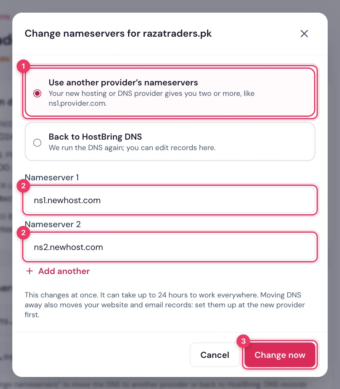 Change nameservers in the HostBring client portal: choose another provider, type its nameservers and click Change now