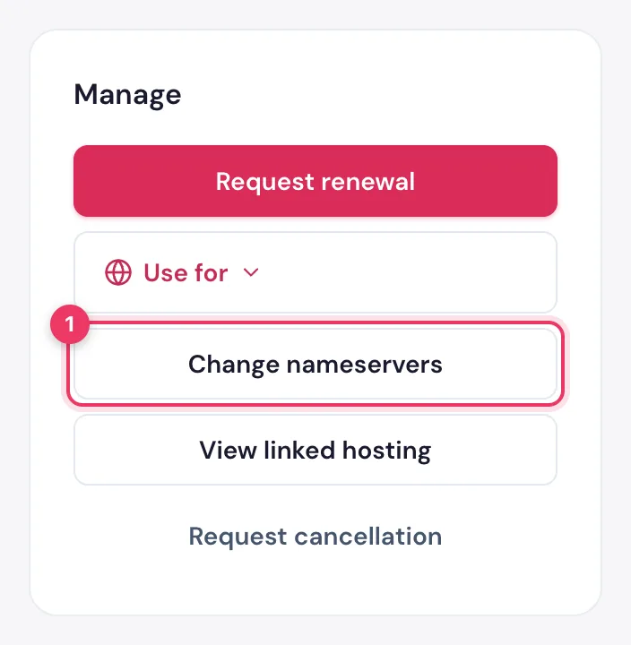 The Change nameservers button in the Manage card of a domain in the HostBring client portal