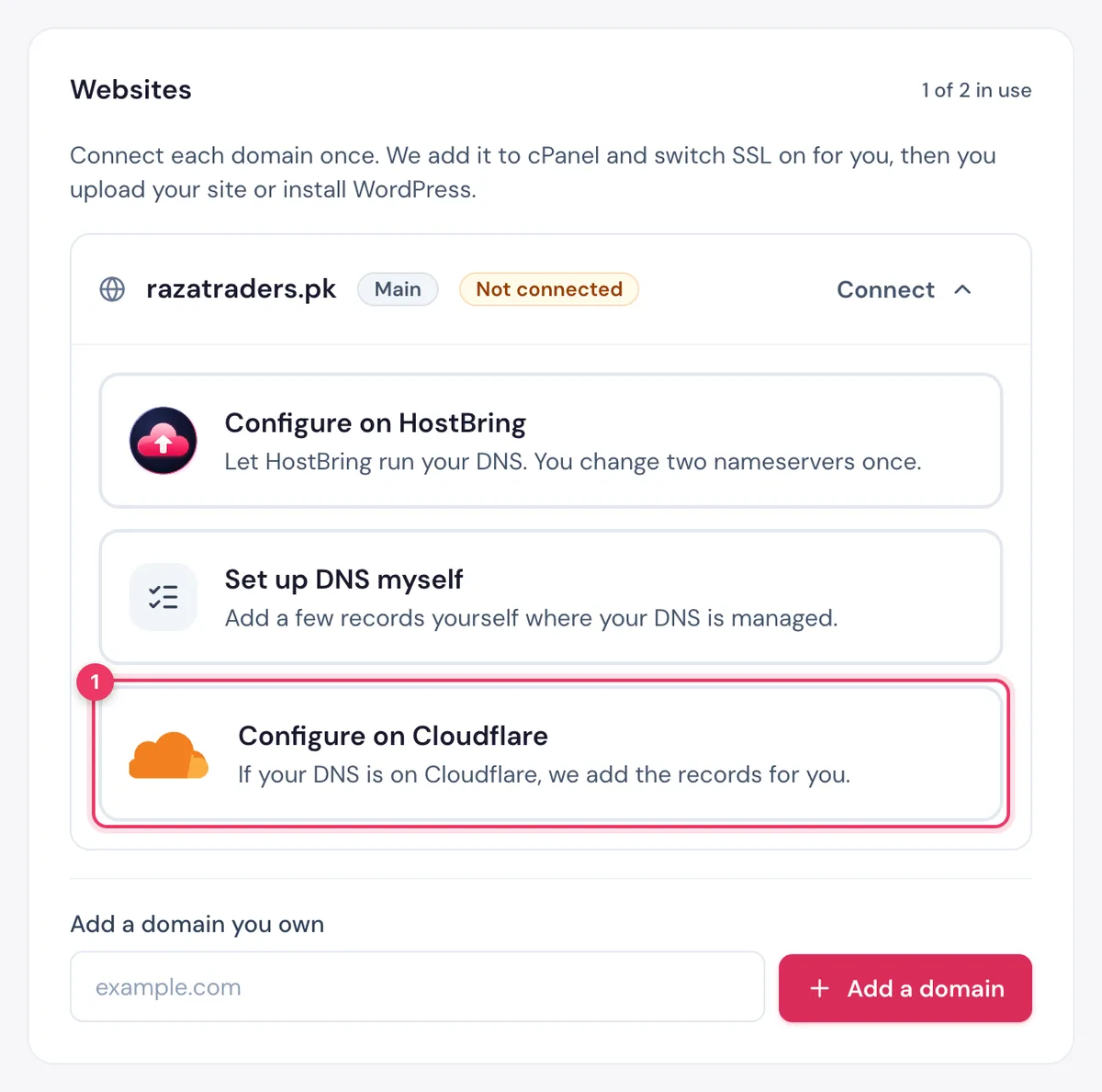 Choose Configure on Cloudflare in the HostBring client portal when your domain DNS is on Cloudflare