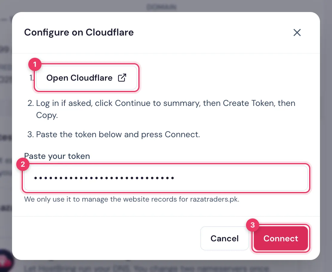 Connecting a domain with Cloudflare in the HostBring client portal: open Cloudflare, paste the token and click Connect