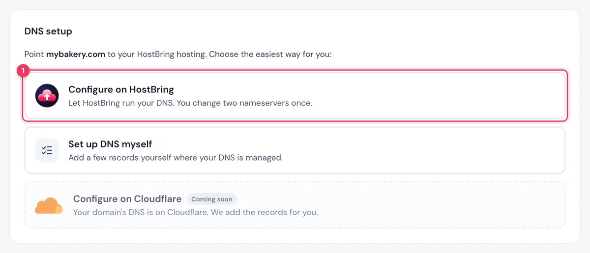 Choose Configure on HostBring to let HostBring run your domain DNS