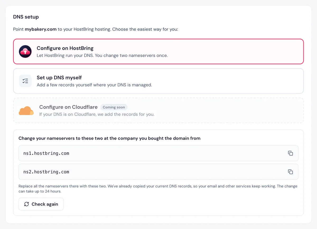 The two HostBring nameservers to set at your domain registrar, each with a copy button