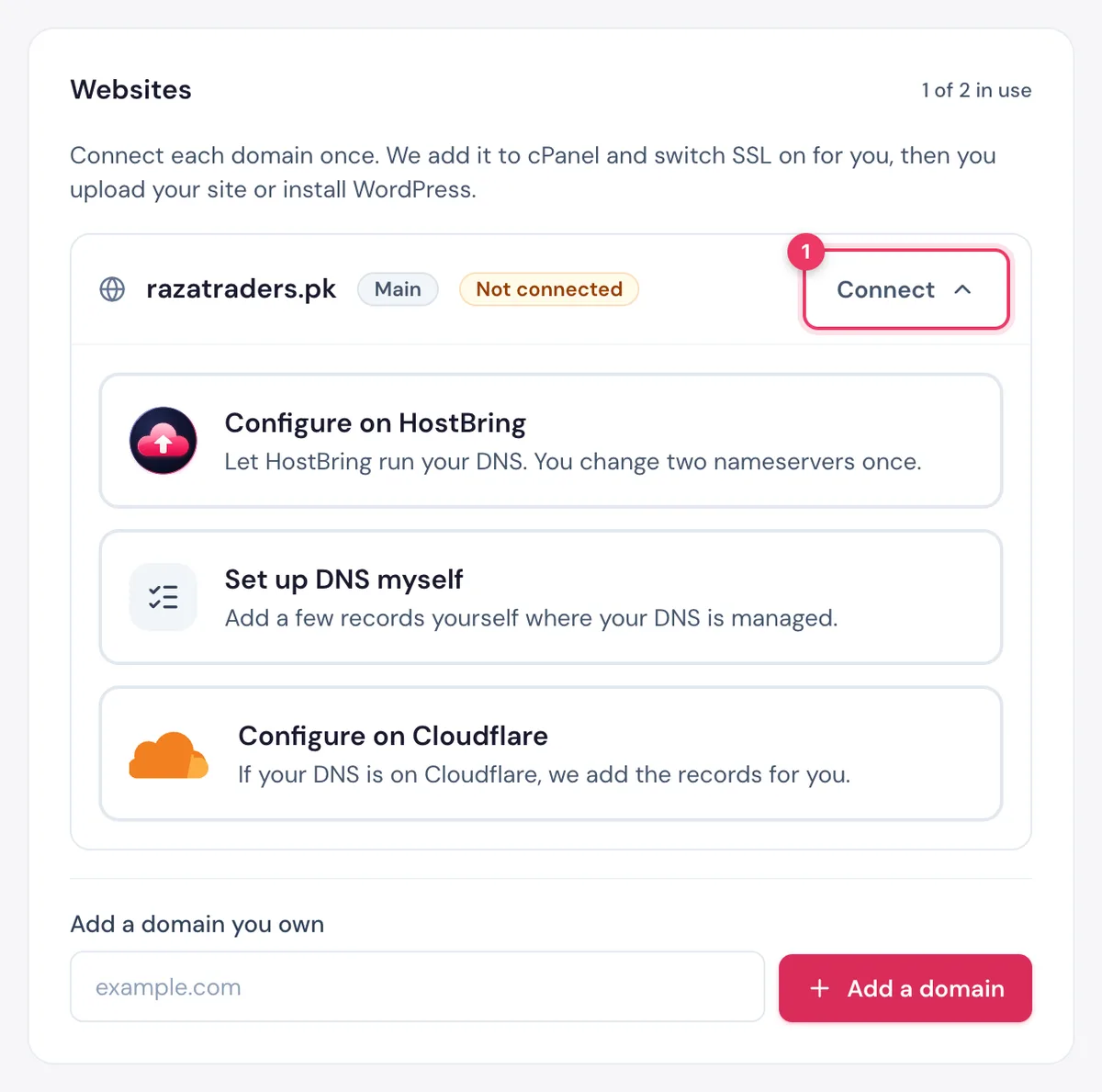 The Websites card of a cPanel hosting in the HostBring client portal, with Connect next to a domain