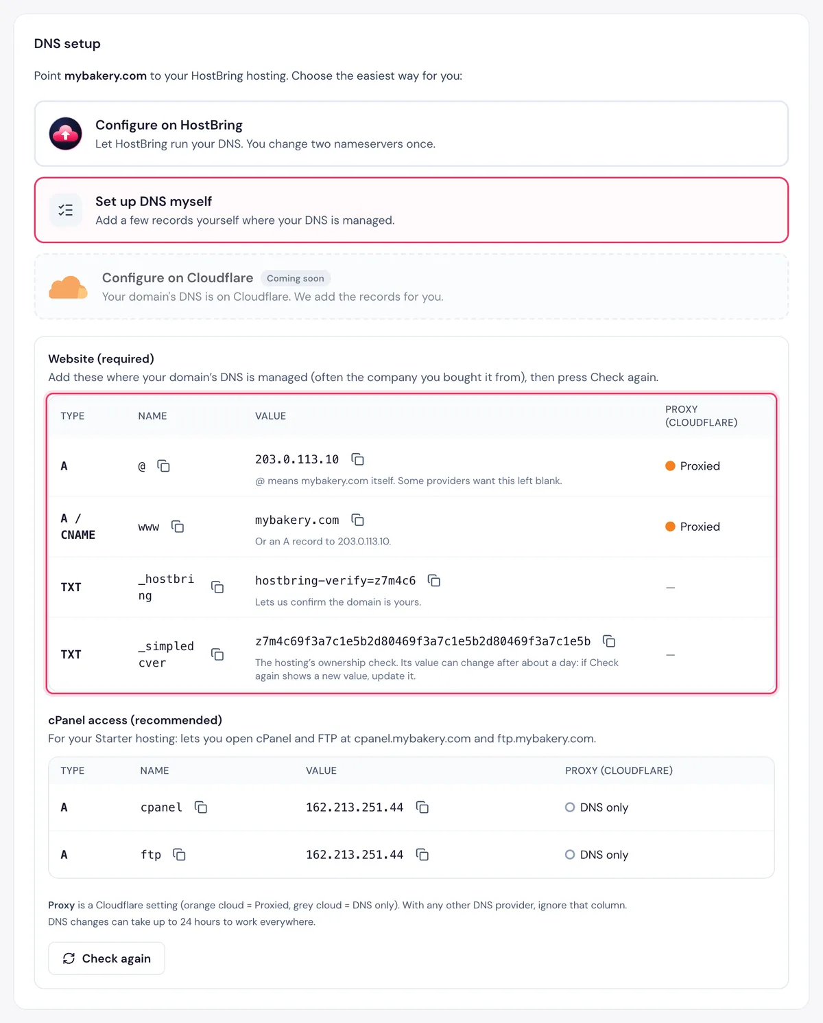 The DNS records to add yourself at your DNS provider, each with a copy button, in the HostBring client portal