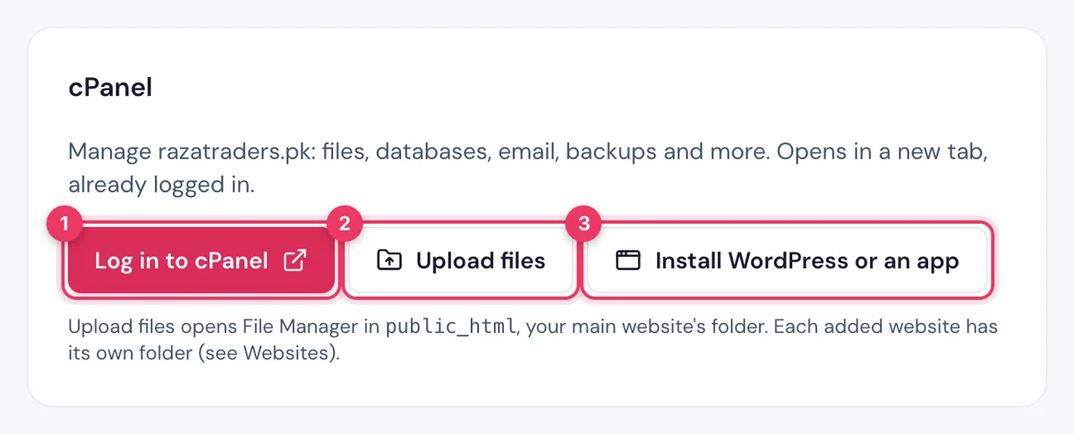 The cPanel card in the HostBring client portal: Log in to cPanel, Upload files and Install WordPress or an app