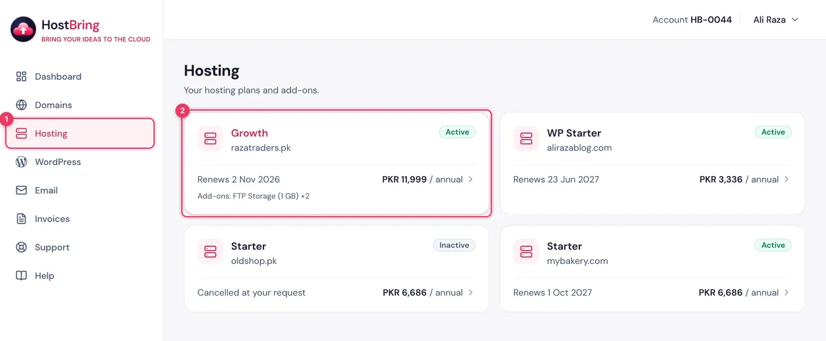 The Hosting page in the HostBring client portal listing your hosting plans