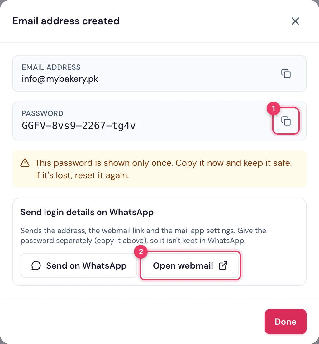 HostBring کلائنٹ پورٹل میں Email address created: نیا ایڈریس، ایک بار دکھایا گیا پاس ورڈ اور اس کا کاپی بٹن، اور Open webmail