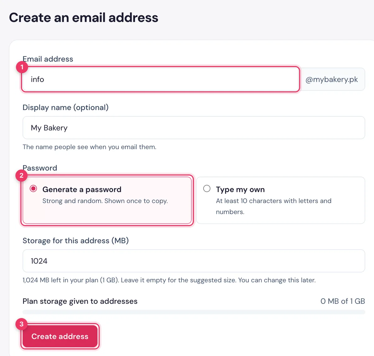 HostBring کلائنٹ پورٹل میں Create an email address کا فارم: ڈومین، ای میل ایڈریس، display name، پاس ورڈ اور Create address کا بٹن