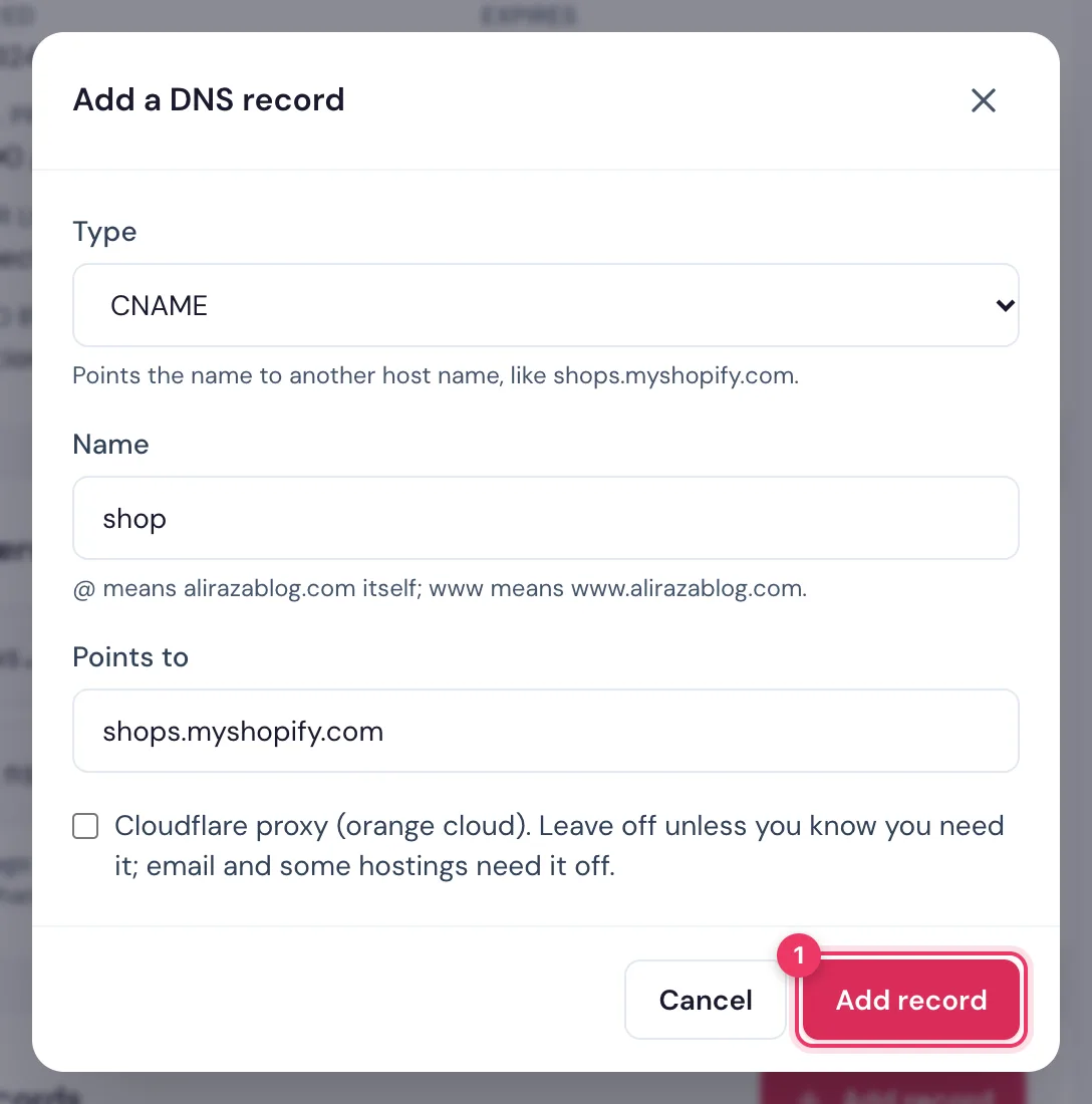 Adding a CNAME record in the HostBring client portal: type, name, value, then Add record