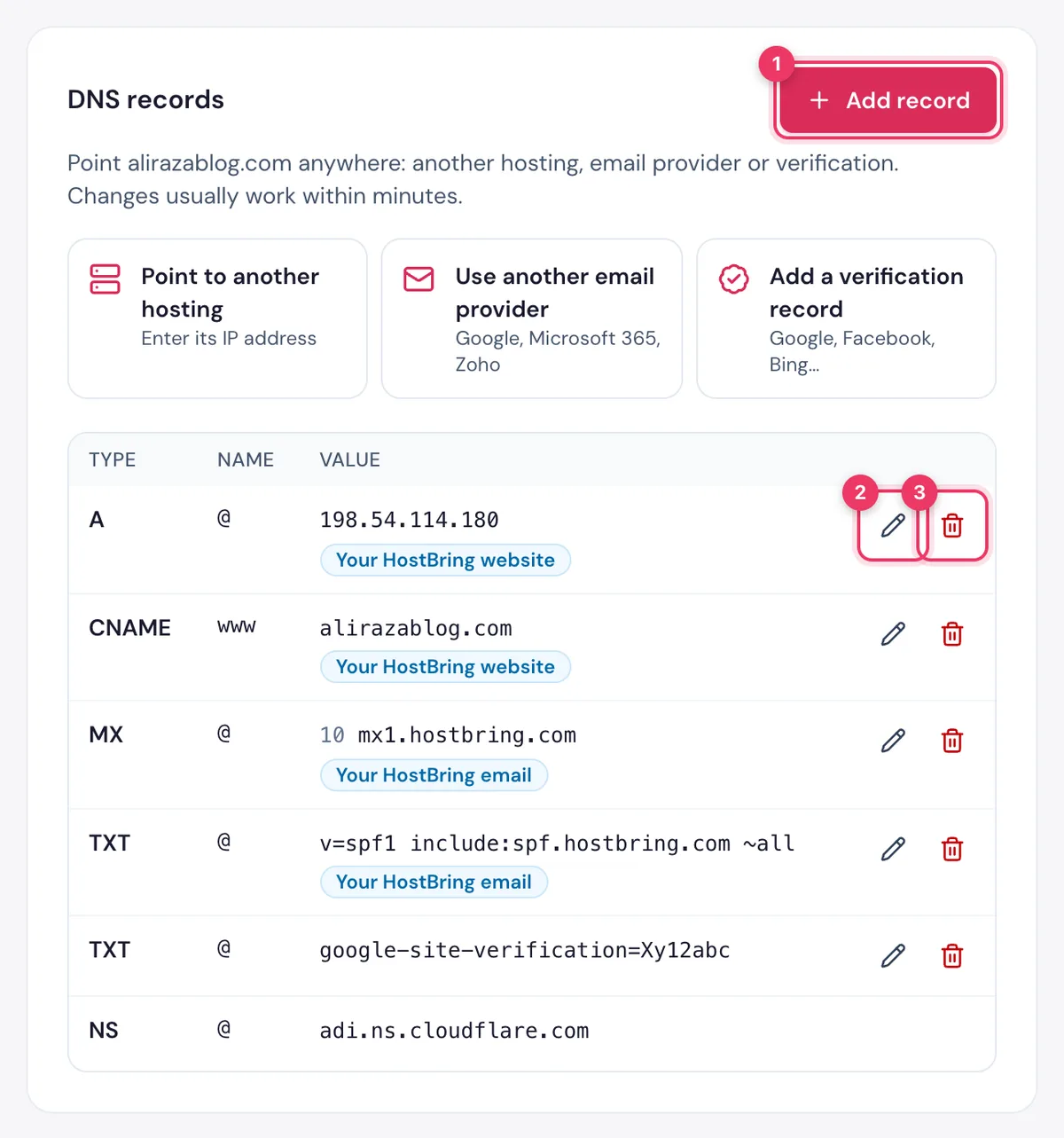 The DNS records of a domain in the HostBring client portal: Add record, and the pencil and bin to edit or delete a record