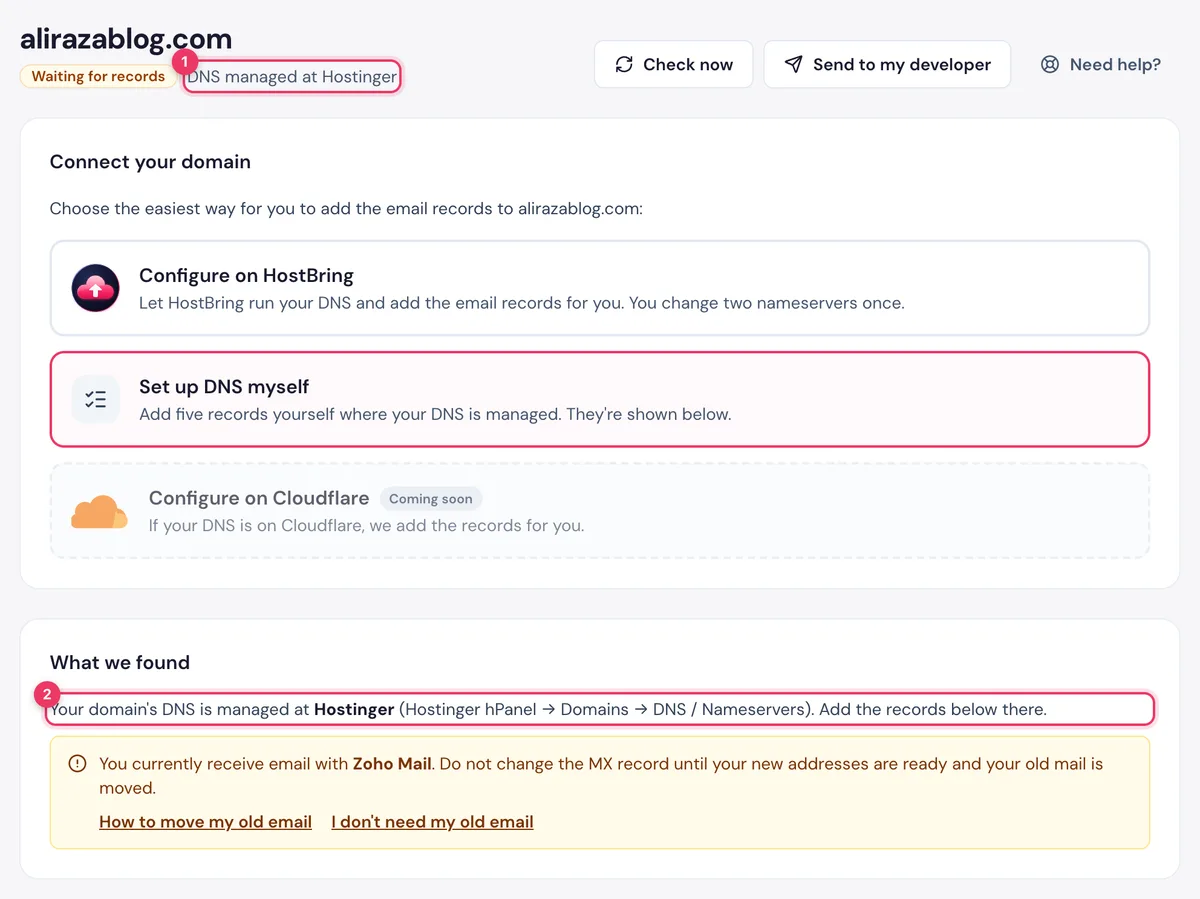 The email domain page in the HostBring client portal shows where the domain DNS is managed