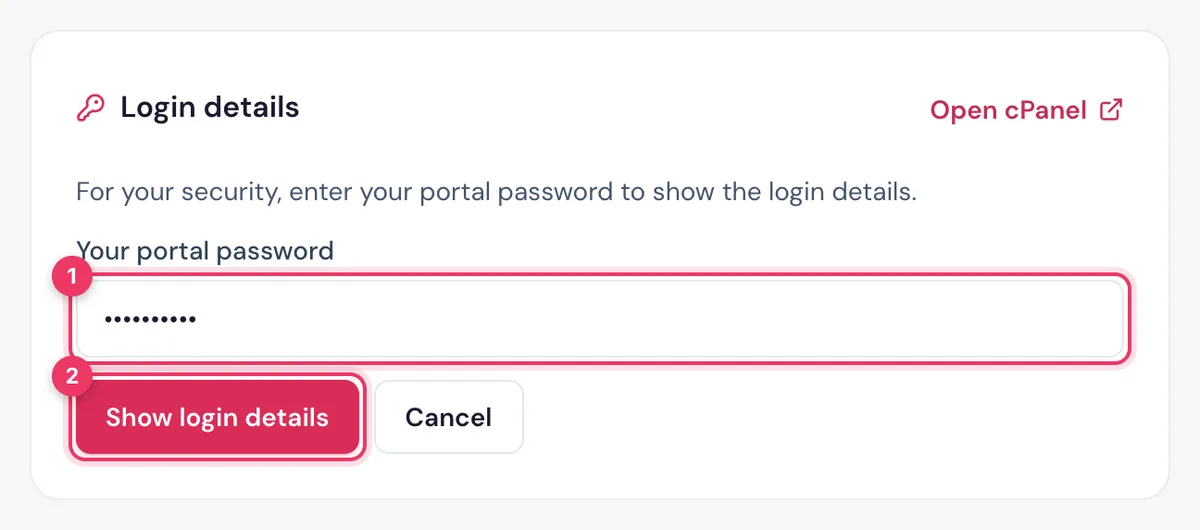 Show login details in the HostBring client portal: type your portal password to see the cPanel username and password