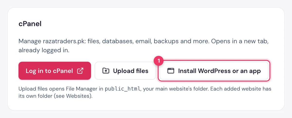 The Install WordPress or an app button in the cPanel card of the HostBring client portal opens Softaculous