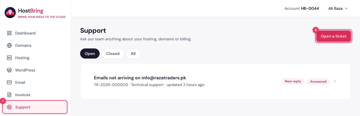 The Support page in the HostBring client portal with the Open a ticket button