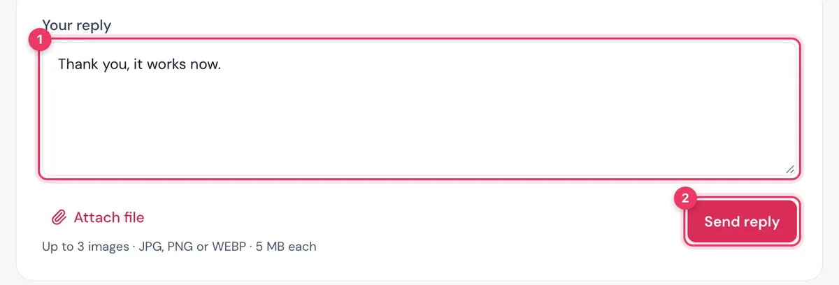 Replying to a support ticket in the HostBring client portal: type in Your reply and click Send reply