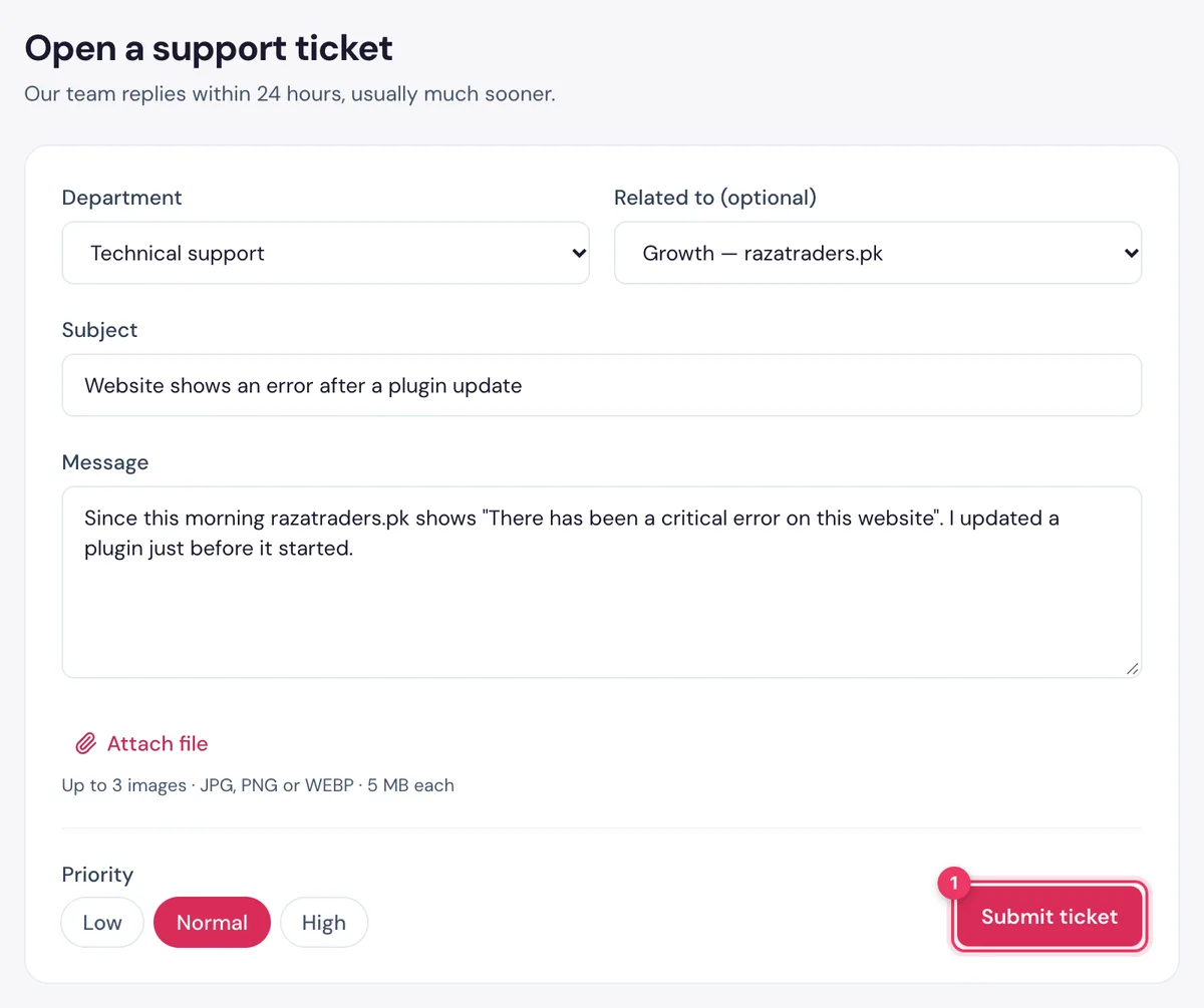 The Open a support ticket form in the HostBring client portal: department, related service, subject, message, screenshots and priority