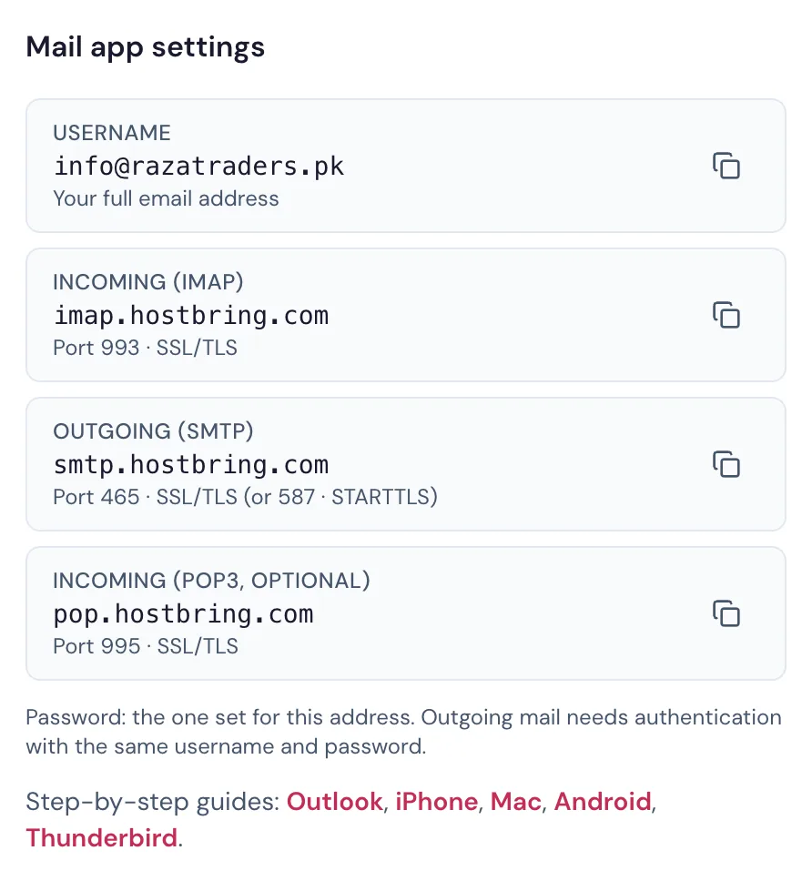 Mail app settings on an email address page in the HostBring client portal: username, incoming IMAP and outgoing SMTP servers with ports
