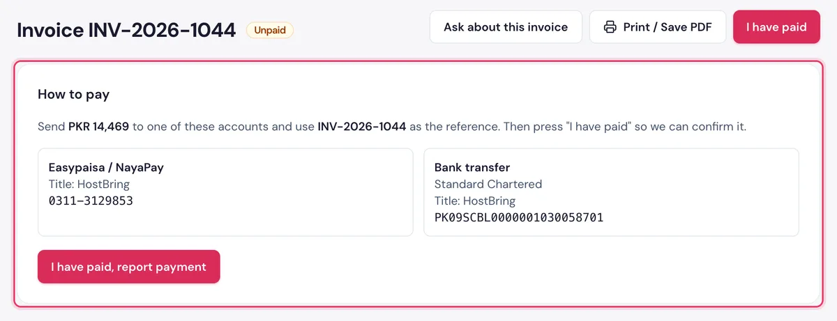 An unpaid invoice in the HostBring client portal: the How to pay card shows the amount, our accounts and the invoice number to use as the reference