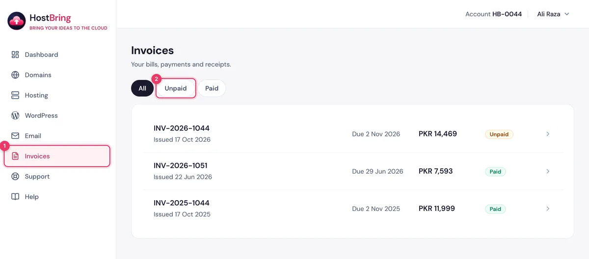 The Invoices page in the HostBring client portal with the Unpaid filter