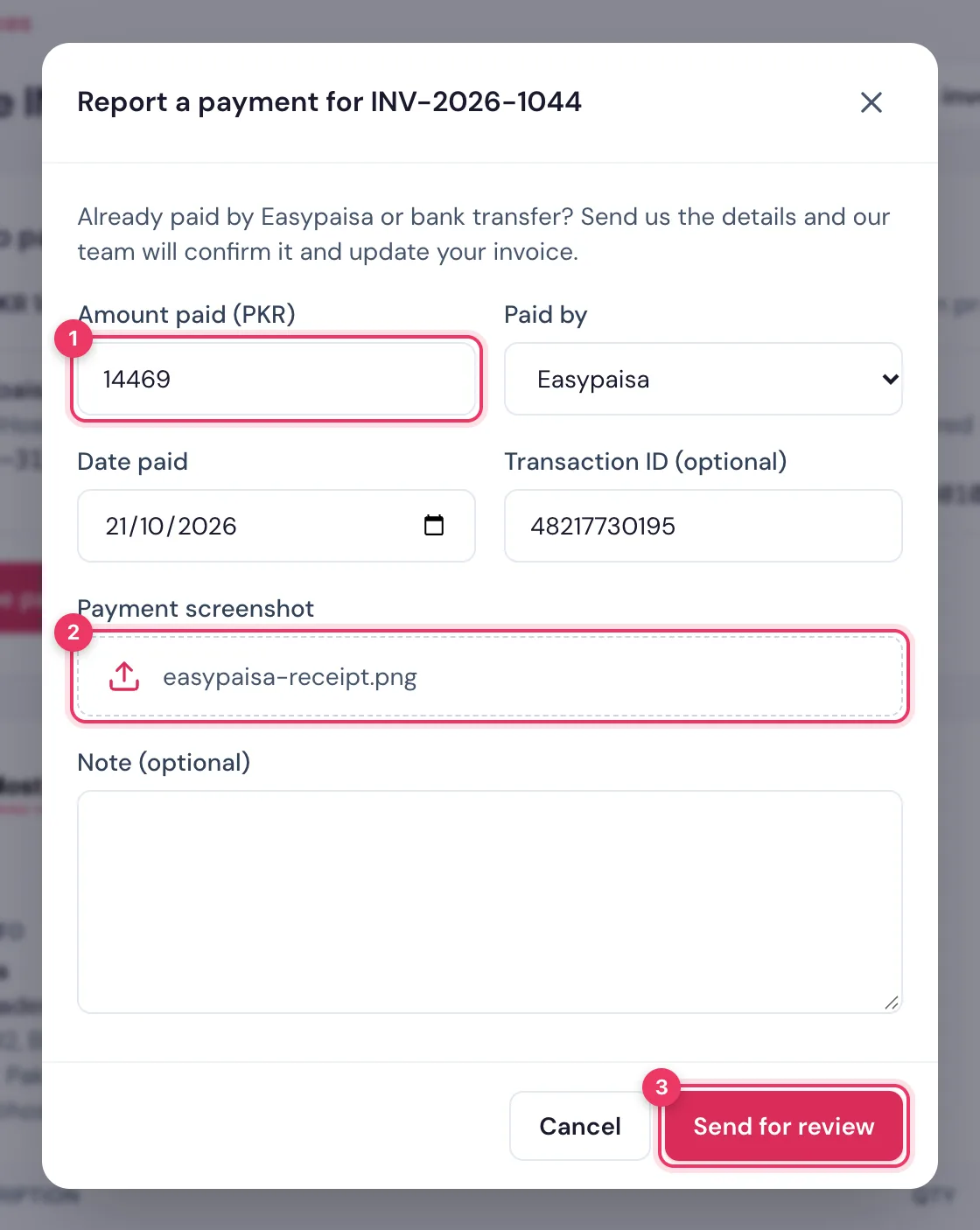 Report a payment in the HostBring client portal: amount, paid by, date, transaction ID, the payment screenshot, then Send for review