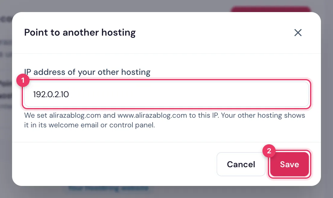 Point to another hosting in the HostBring client portal: paste the other hosting IP address and click Save