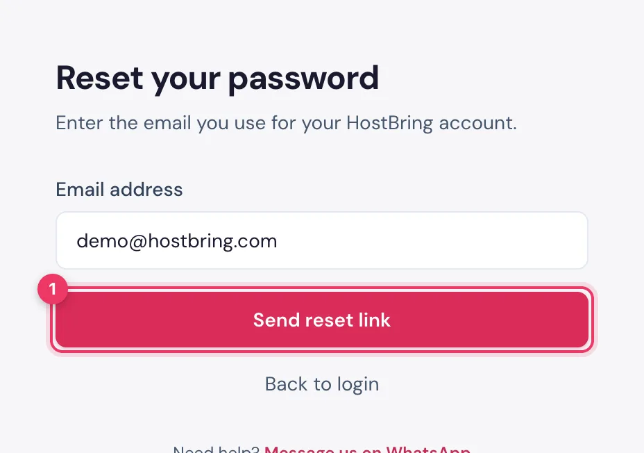 Forgot password in the HostBring client portal: type your email address and click Send reset link