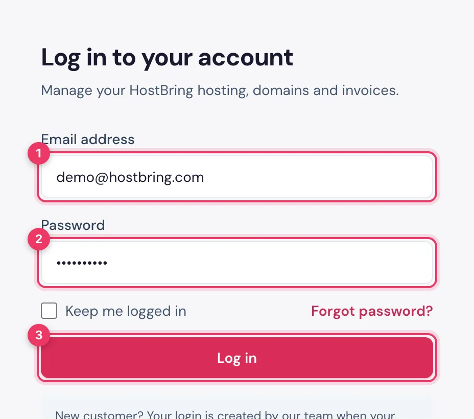 The HostBring client portal login page at my.hostbring.com with email address, password and the Log in button