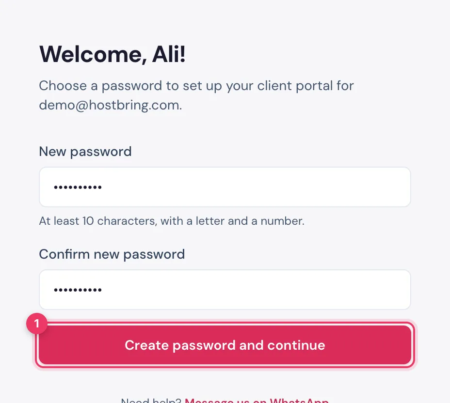 The Welcome page in the HostBring client portal: type a new password twice, then Create password and continue
