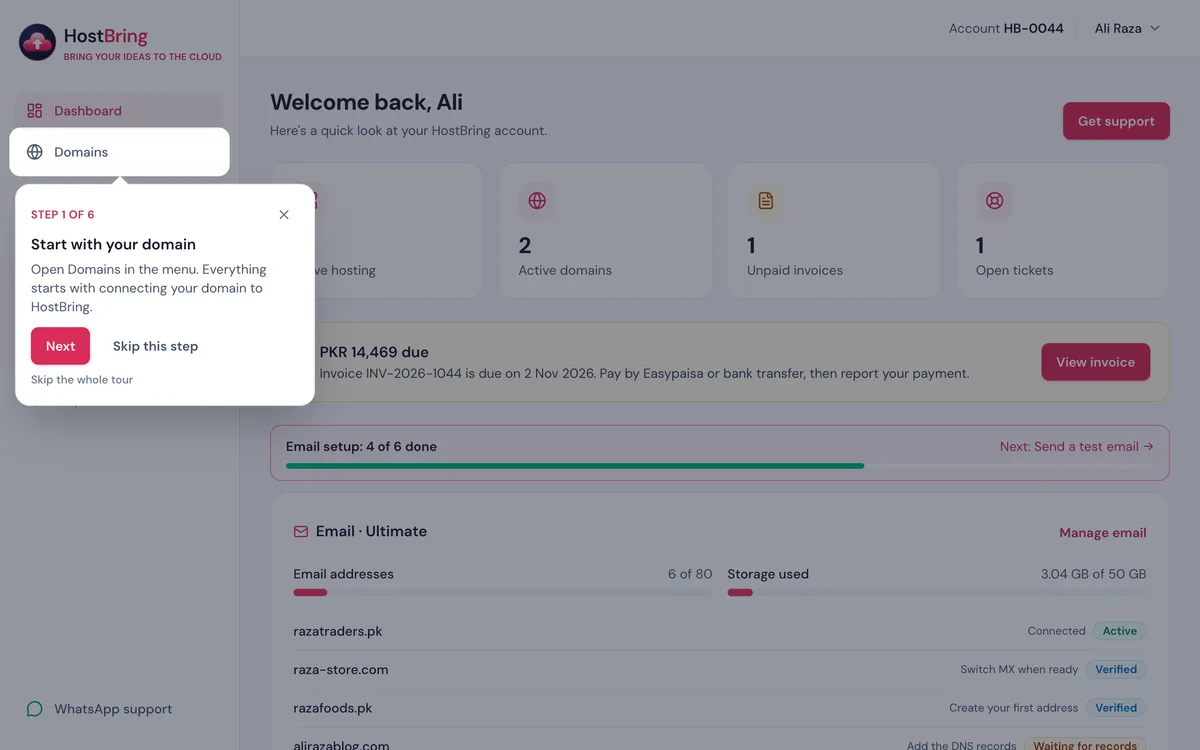 The HostBring client portal tour: a box with Step 1 of 6 points at Domains in the menu, with Next, Skip this step and Skip the whole tour