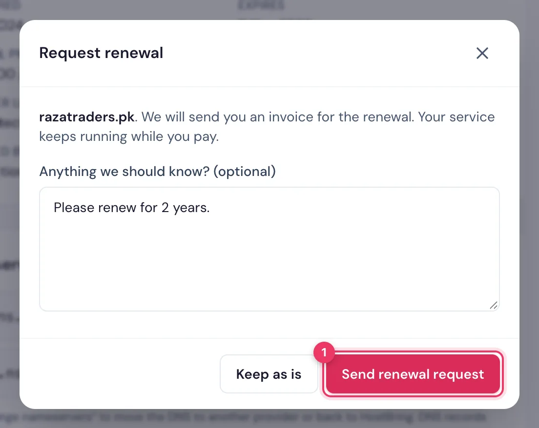 Request renewal in the HostBring client portal: add a note, such as how many years, and click Send renewal request