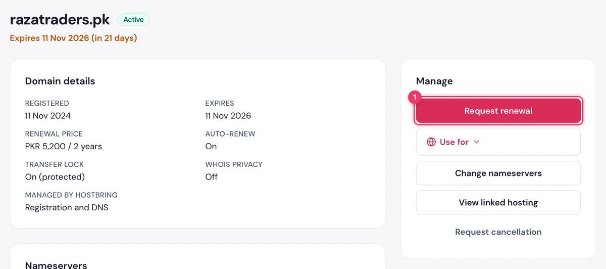 A domain page in the HostBring client portal with the Request renewal button in the Manage card