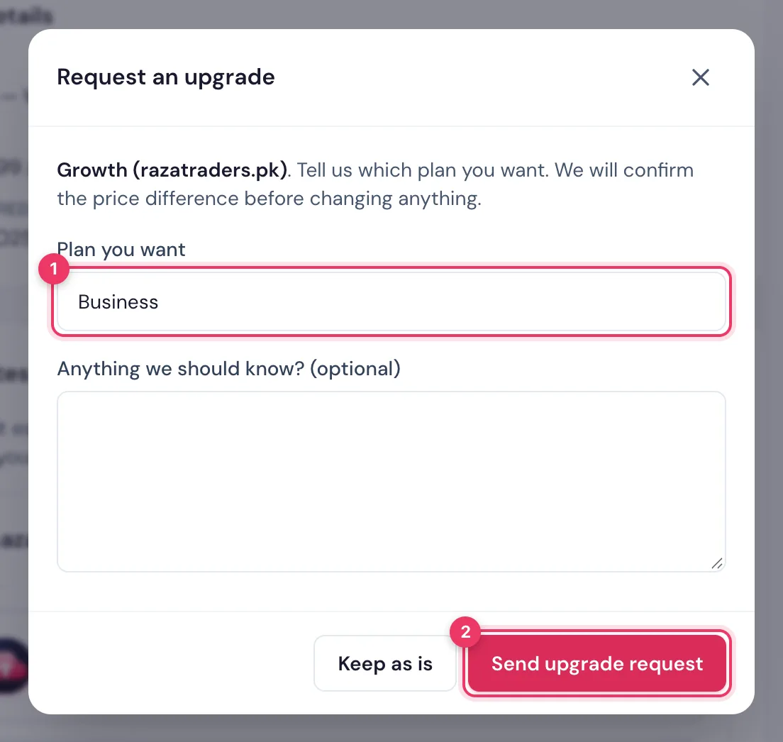 Request an upgrade in the HostBring client portal: type the plan you want and click Send upgrade request