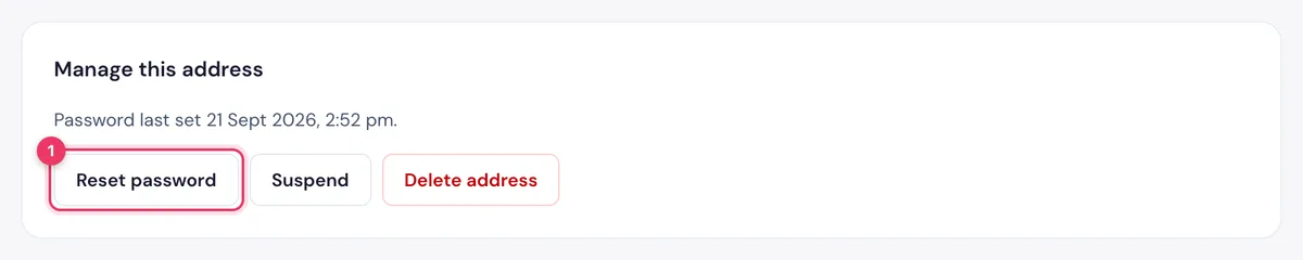 An email address page in the HostBring client portal with the Reset password button