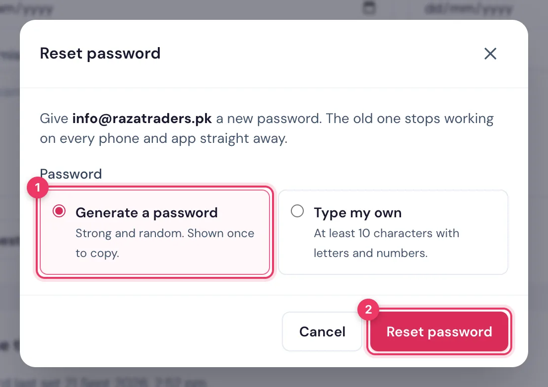 Reset an email password in the HostBring client portal: choose Generate a password, then click Reset password