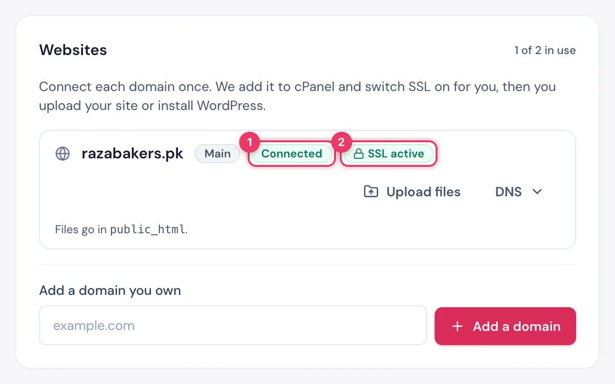 HostBring کلائنٹ پورٹل میں cPanel ہوسٹنگ کا Websites حصہ: ڈومین Connected ہے اور SSL active دکھا رہا ہے