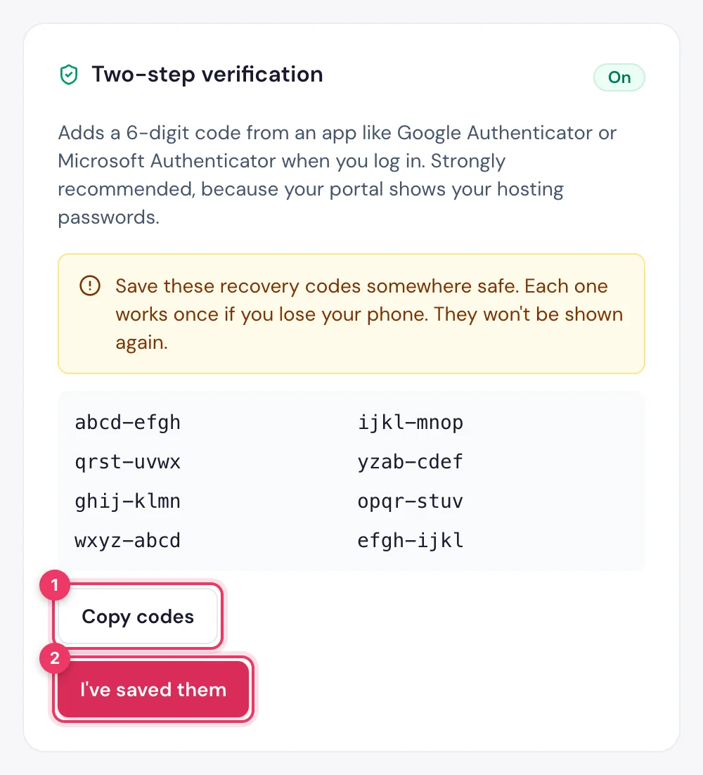Recovery codes in the HostBring client portal: copy them, keep them safe, then click I have saved them