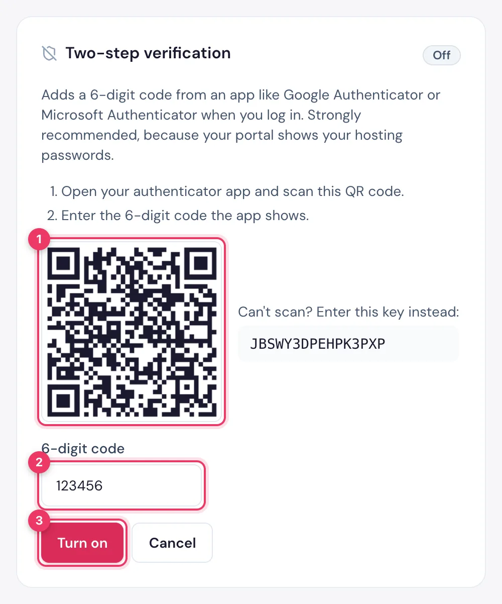 Turning on two-step login in the HostBring client portal: scan the QR code, type the 6-digit code and click Turn on