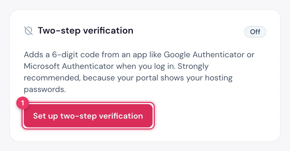 The Two-step verification card on the Profile page of the HostBring client portal, with Set up two-step verification