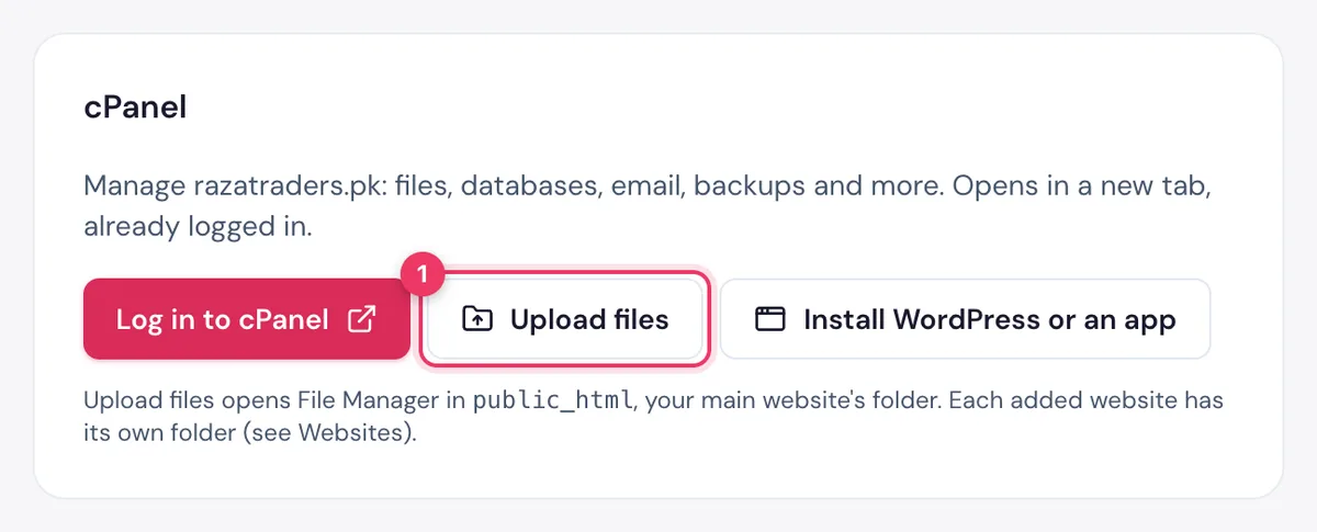 The Upload files button in the cPanel card of the HostBring client portal opens File Manager in your website folder